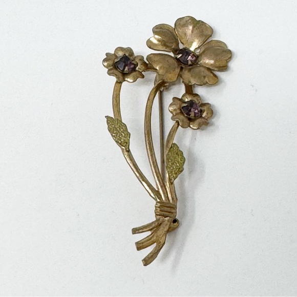 Vintage Victorian Purple Rhinestone Brass Flower Brooch Pin - Picture 6 of 8